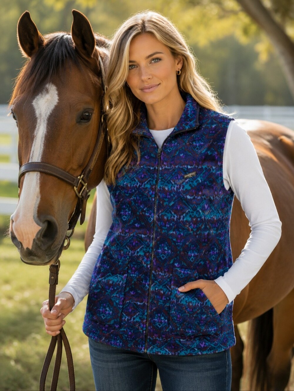 KERRITS Equestrian Patterned Fleece Vest - Purple/Blue